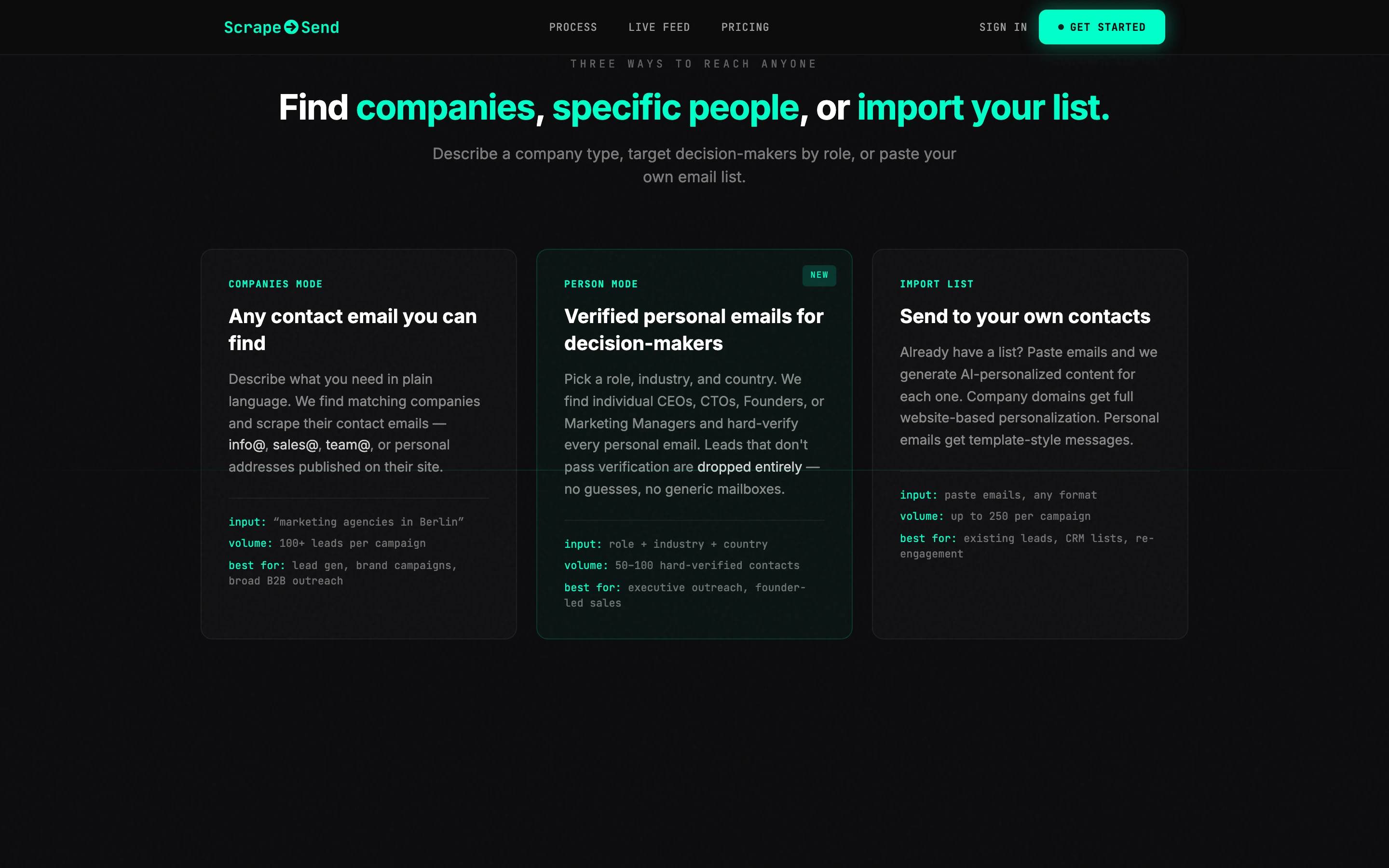 Three ways to find leads: company emails, verified decision-makers or your own list