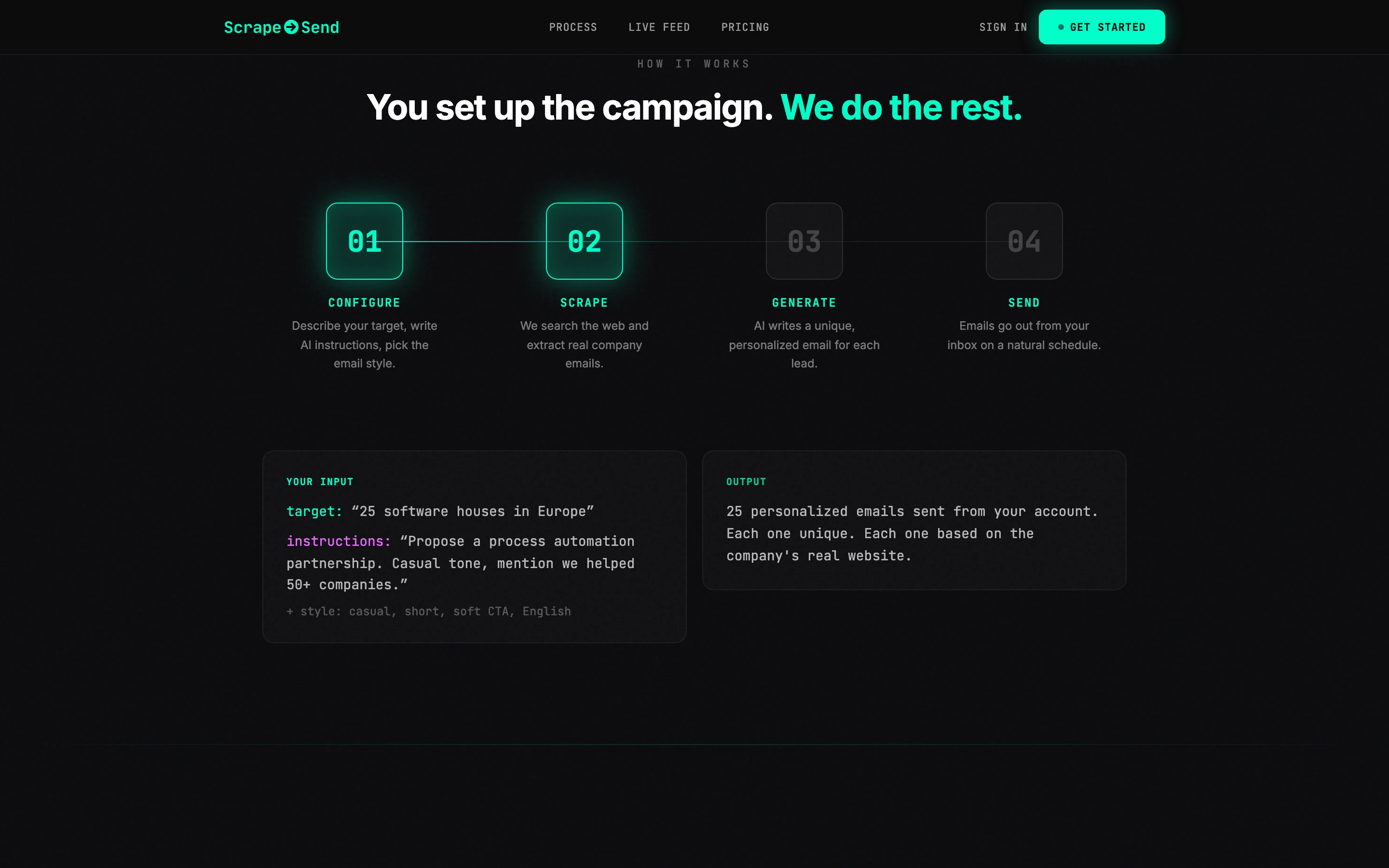How it works: configure, scrape, generate, send